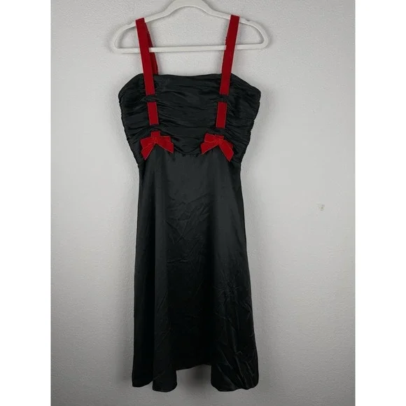Betsey Johnson NY Vintage 90s Y2K Black Silk Red Velvet Bow Dress Gown Goth Punk